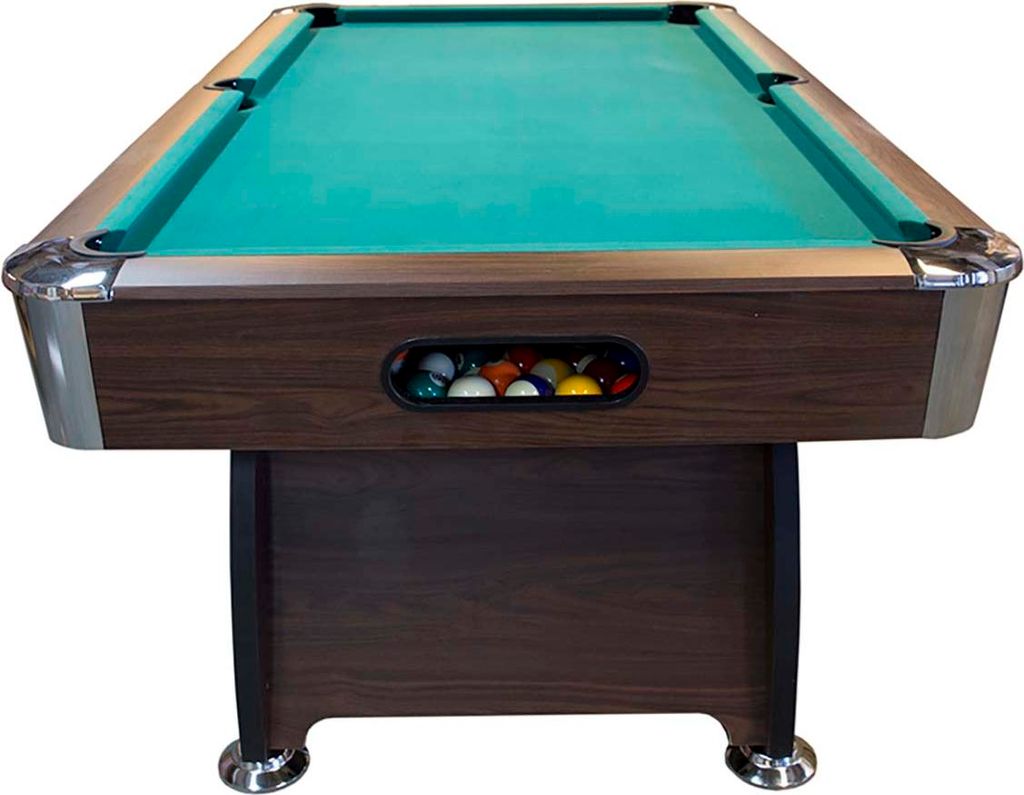 A billiard table with balls in a compartment.