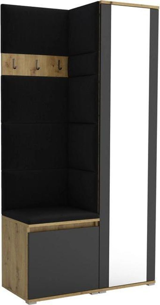 Garderoben-Set Noris VI mit Spiegel, gepolsterte Garderobe 95 cm, kompakte Flurmöbel mit Wandpaneelen, Haken und Stauraum (Farbe: Artisan Eiche/Sc...