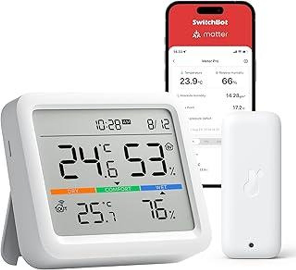 SwitchBot Bluetooth Wetterstation Funk mit Außensensor IP65, Hygrometer Thermometer mit Uhrzeit & Datum, Taupunkt/VPD/absolute Feuchte, Datenspeic...