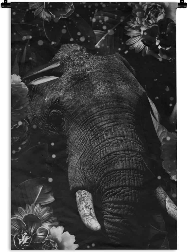 MuchoWow Wandteppich Wandbehang Botanischer Elefant mit hellen Kugeln auf abgedunkeltem Hintergrund - schwarz und weiß 60x90 cm Tapisserie Dekor...