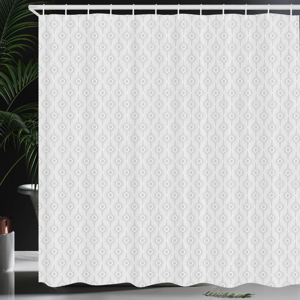 ABAKUHAUS Tenda da doccia astratta, illustrazione di Plain Delicati motivi Ogee in tenui tonalità di grigio Stampa alla moda, 175 x 180 cm, grigio chiaro e bianco - 4