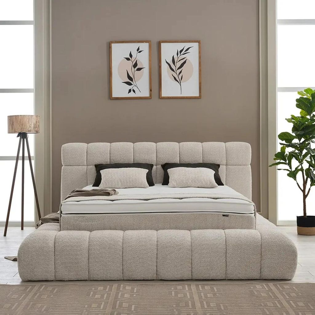 Boxspringbett Raina 180 x 200 cm mit Poof Beige Voll-orthopädisches Komfortbett mit Bettkasten, inkl. Lieferung und Montage