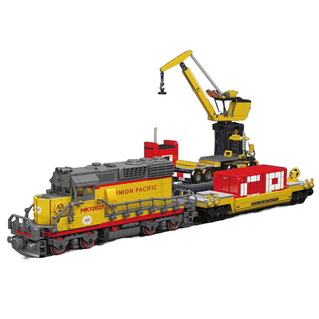 A toy train set with a locomotive, flatbed cars, and a crane, all on a white background.