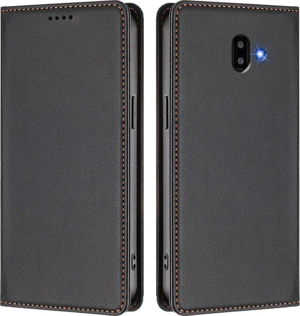 Handyhülle für Samsung Galaxy J6 Plus, Kunstleder Klapphülle Stoßfeste Magnetische Hülle mit Ständer Schwarz