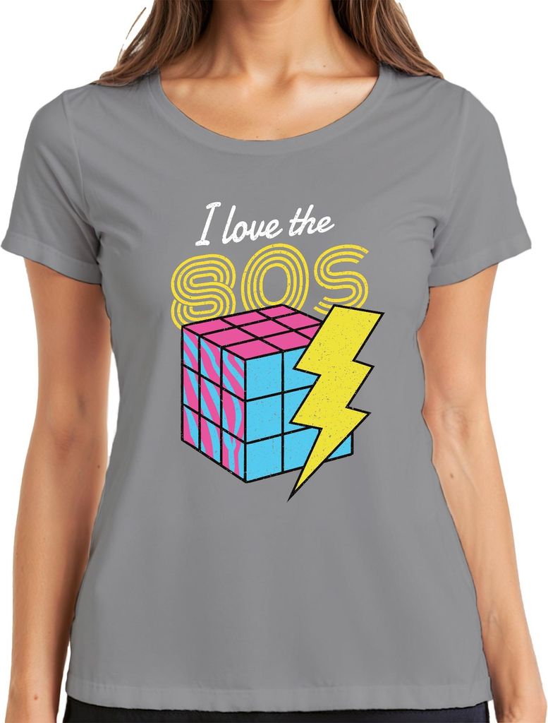 I love the 80s 80er Retro Neon Achtziger Zauberwürfel Blitz Pop Damen T-Shirt, Grau, 3XL