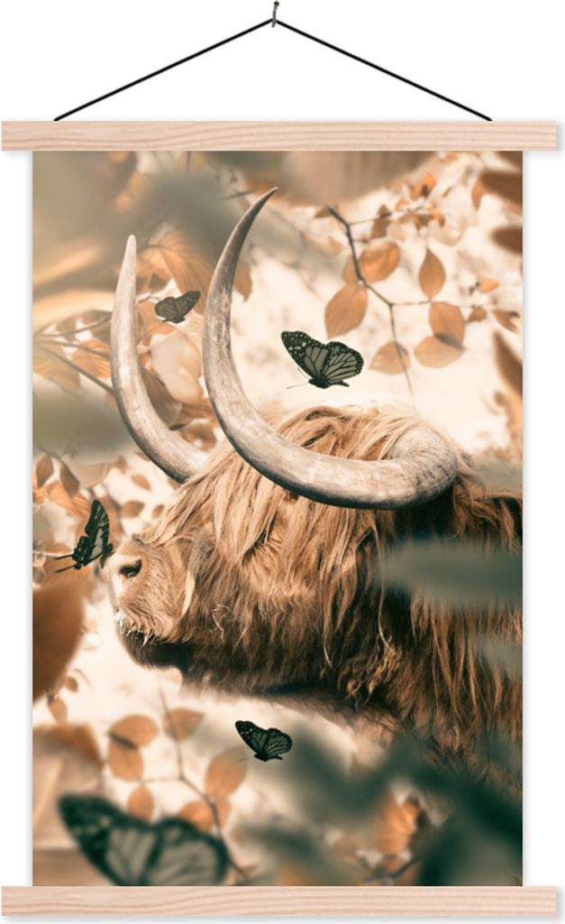 MuchoWow Textilposter Schottische Hochlandrind - Sonne - Schmetterlinge 120x180 cm mit holzfarbenen Rahmen - Textil-Plakat