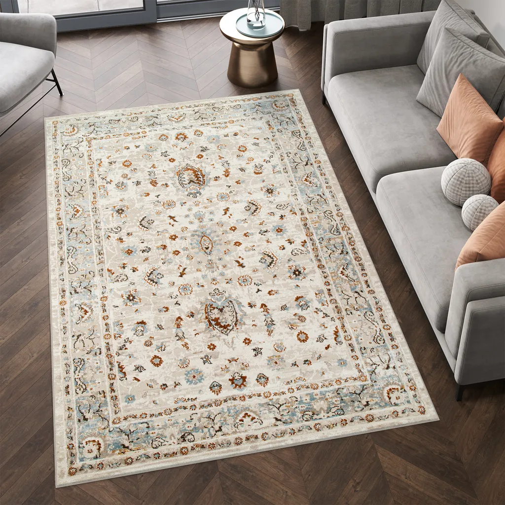 Tapis Salon Anti-Taches Effet Used Vintage Beige Gris Facile Entretien