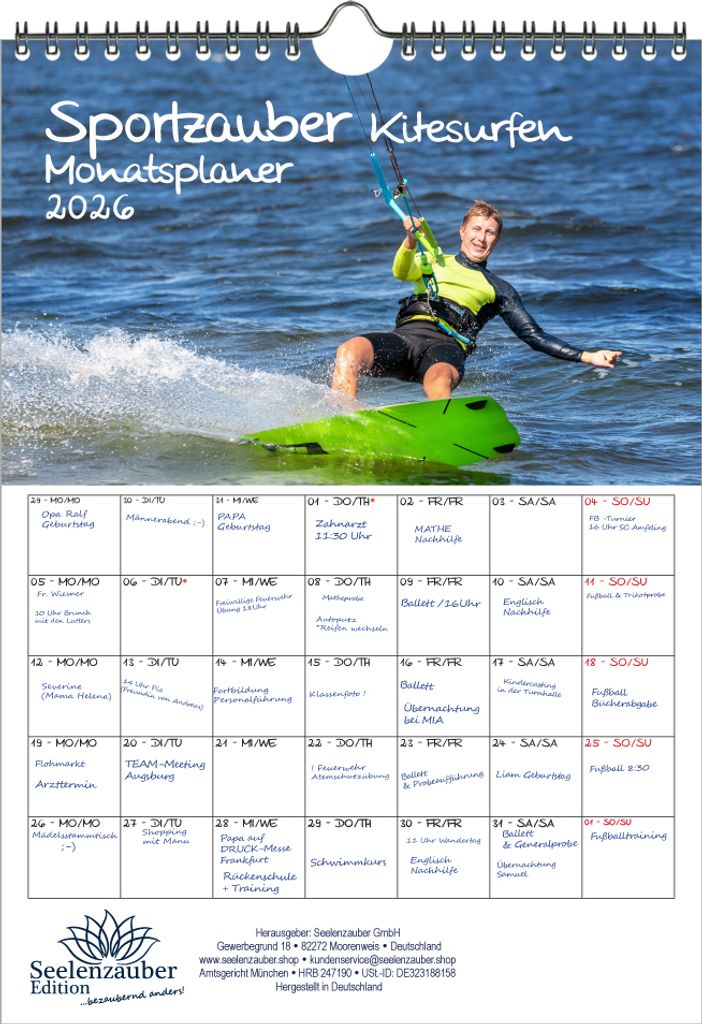 Sportzauber Kitesurfen Planer DIN A4 Kalender für 2026 Surfer und surfen - Seelenzauber