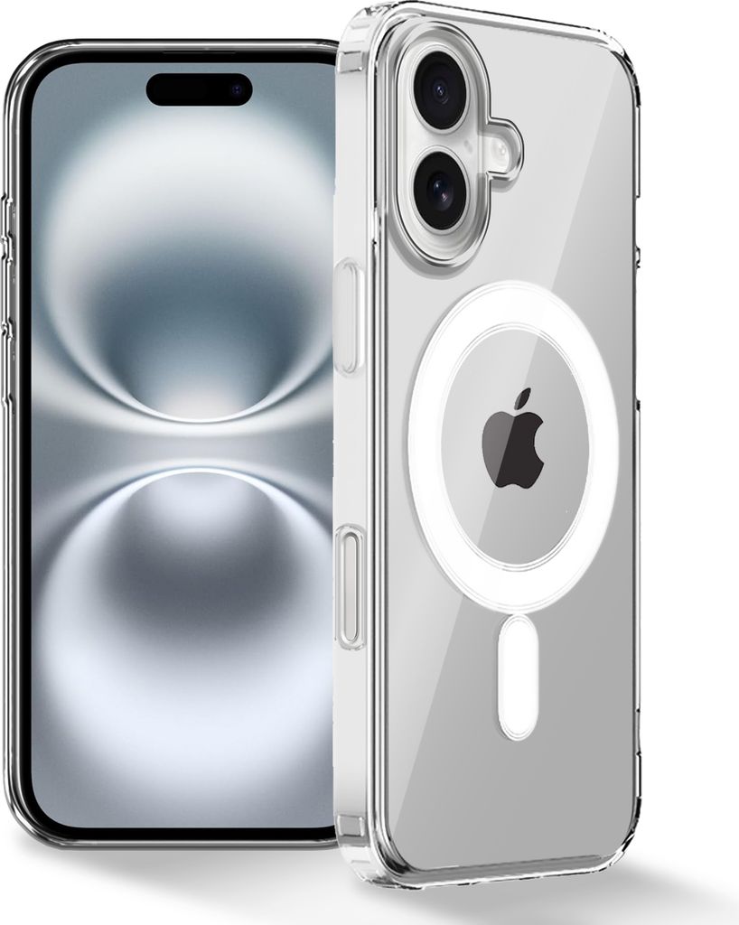 A clear, professional studio shot of a transparent iPhone case with MagSafe and a magnetic ring, placed next to an iPhone.