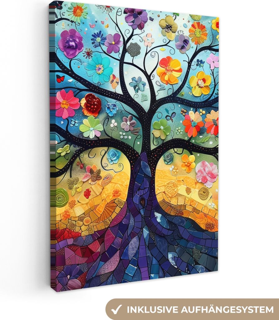 Leinwand Bilder 80x120 cm - Lebensbaum Bunt, moderne Wanddeko für Wohnzimmer