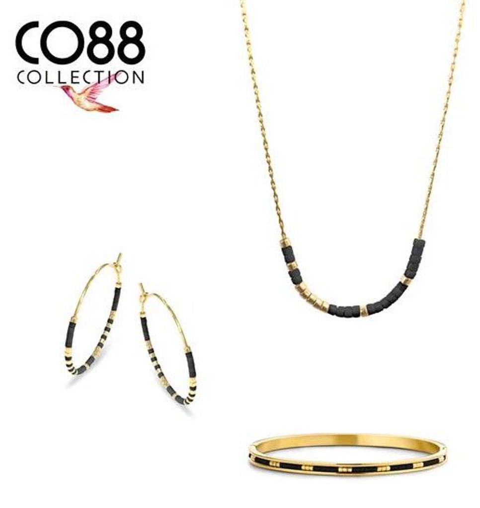 CO88 Collection 8CO-SET086 Schmuck-Set aus Stahl – Kette mit Armband und Ohrringen – Schwarze Miyuki-Perlen – 40 + 5 cm – 58 x 49 mm – 25...