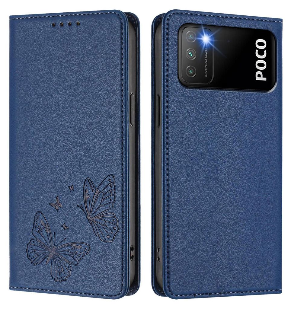 Lederhülle für Xiaomi Poco M3/Redmi 9T, Schmetterling Prägung Leder Brieftasche Schutzhülle mit Ständer Dunkelblau