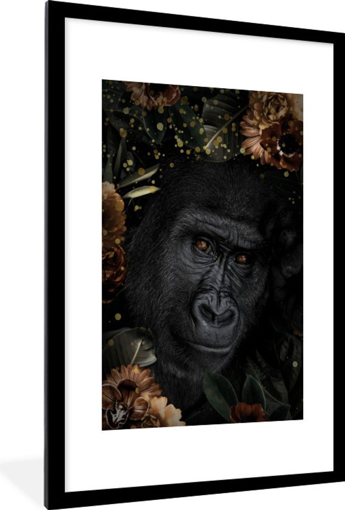 MuchoWow MuchoWow Gerahmtes Poster Gorilla - Pflanzen - Gold 60x90 cm - Poster mit zchwarzem Bilderrahmen - Dekoration - Wandposter Wohnzimmer ...