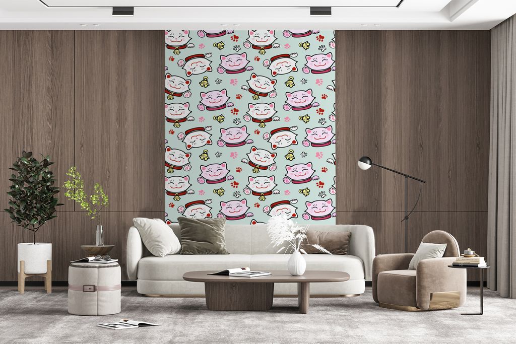 MuchoWow Fototapete für Wohnzimmer oder Schlafzimmer Wandtapete Vinyl Motivtapete Katze - Haustiere - Muster - 225x350 cm - Schlafzimmer tapete