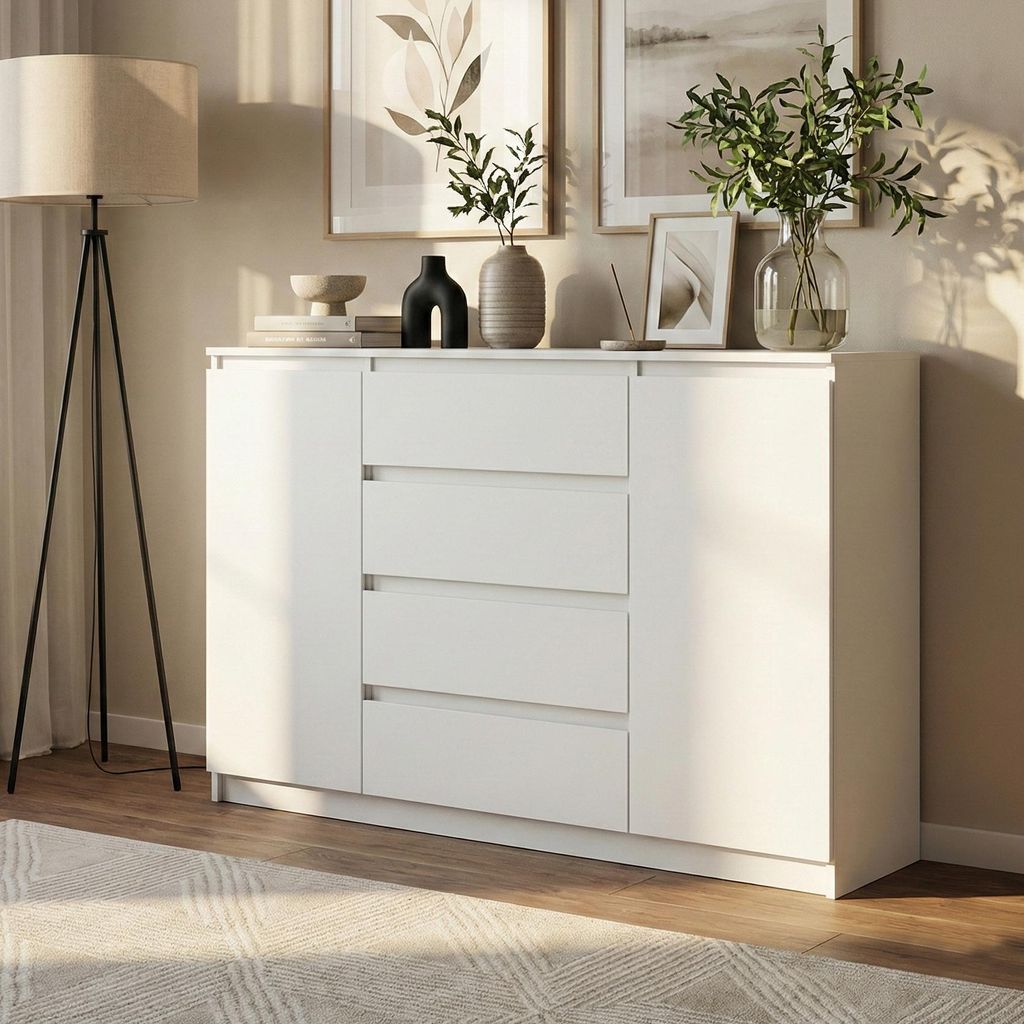 BEAUTYSOFA | Kommode LEMON 120 cm Weiß, Sideboard mit 4 Schubladen und 2 Türen, Modernes Aufbewahrungsmöbel für Schlafzimmer, Wohnzimmer und Flur