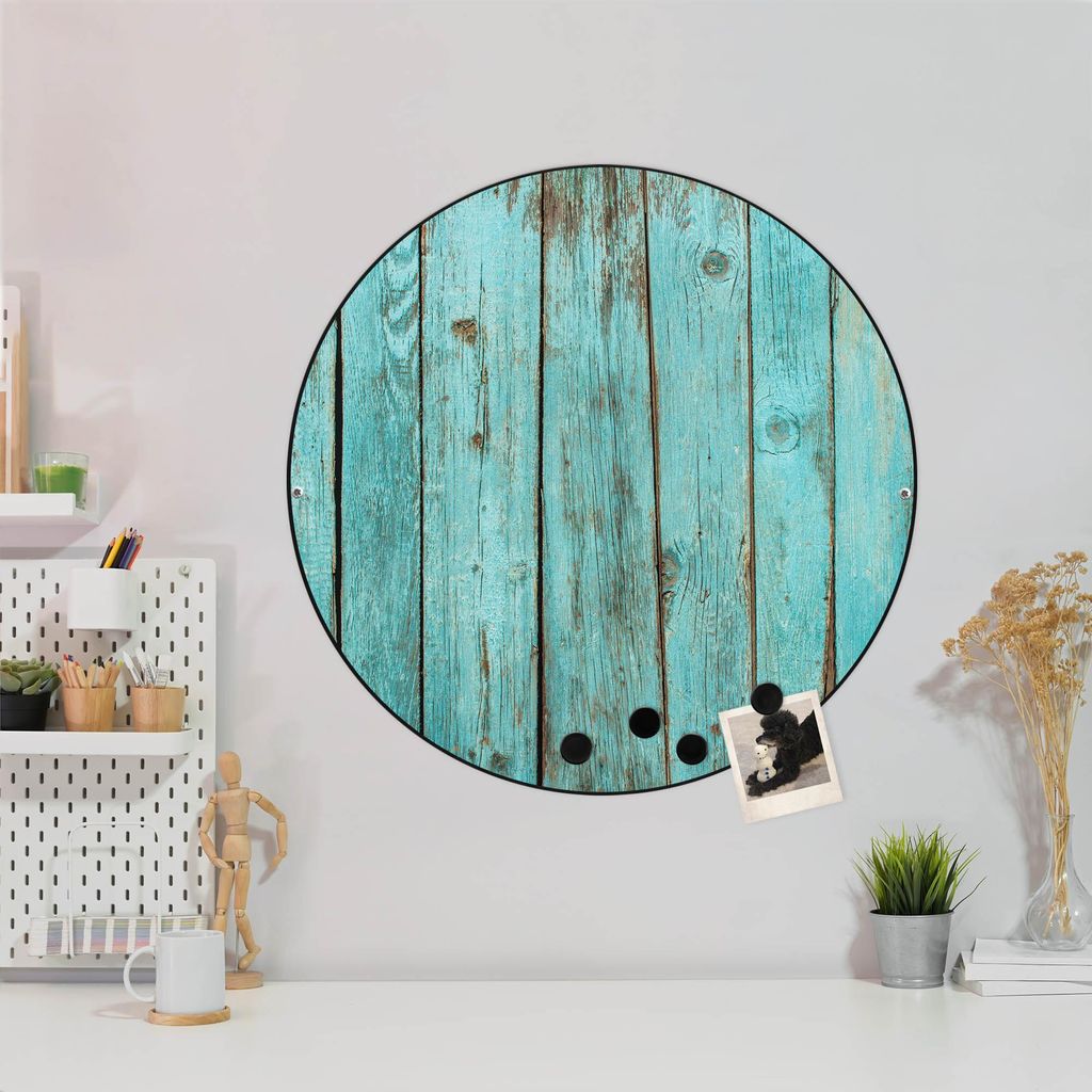 Design Stahlmagnettafel Schwarz Rund 47cm Blaues Holz