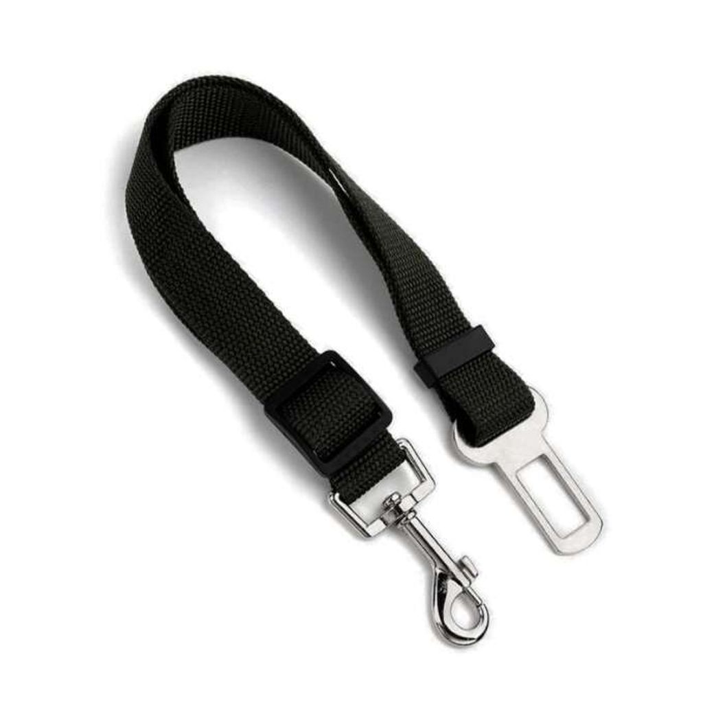 A black dog seatbelt leash with metal hardware, shown against a white background.