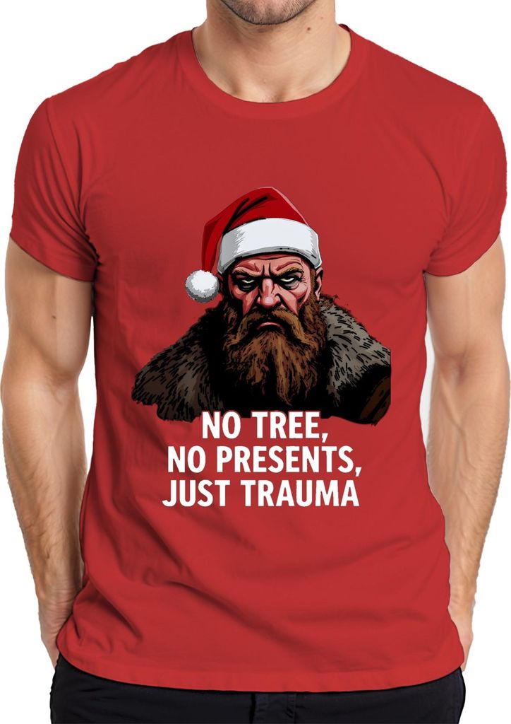 Grimmiger Weihnachtsmann Bart No Tree No Presents Just Trauma Herren T-Shirt, Rot, 3XL