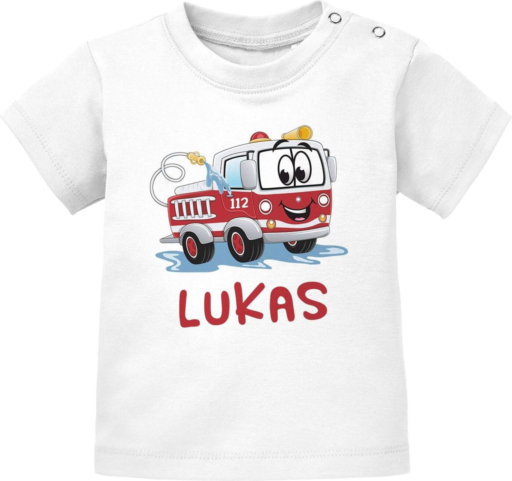 Baby T-Shirt mit Namen personalisiert Feuerwehr-Auto Namensgeschenke kurzarm Baumwolle SpecialMe weiß 92/98 (16-24-Monate)