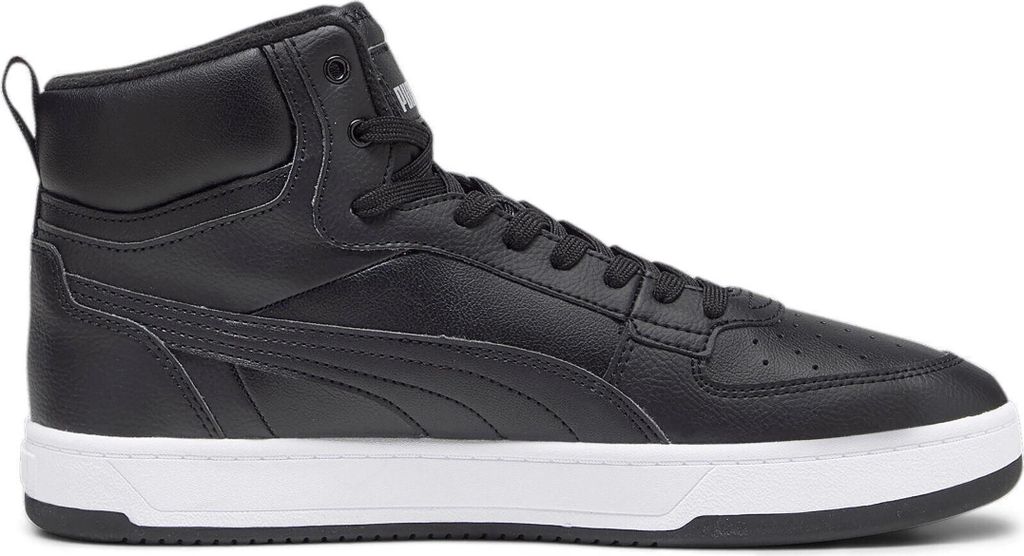 A studio shot of a black Puma Caven 2.0 Mid WTR sneaker against a white background.