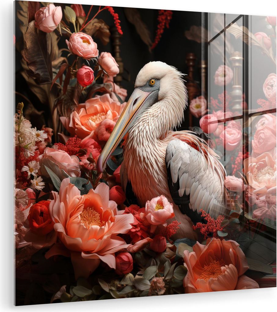 MuchoWow Glasbilder - Bilder auf Wandbild - Foto auf Glas Pelikan - Tier - Blumen - Natur - Botanisch - Rosa 30x30 cm Wanddekoration aus Glas - Acr...