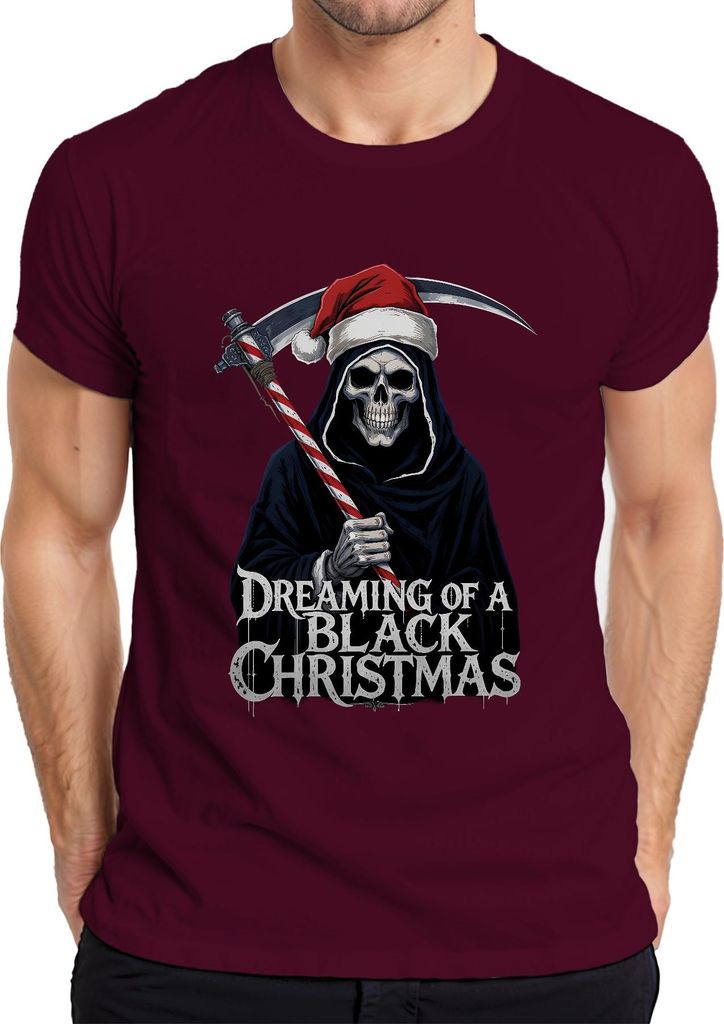 Black Christmas Reaper Santa Skull Scythe Candy Cane Gothic Herren T-Shirt, Burgundy, M
