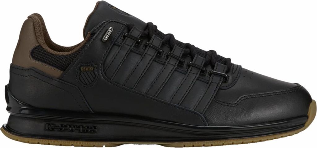 A side view of a black K-Swiss sneaker with brown accents.