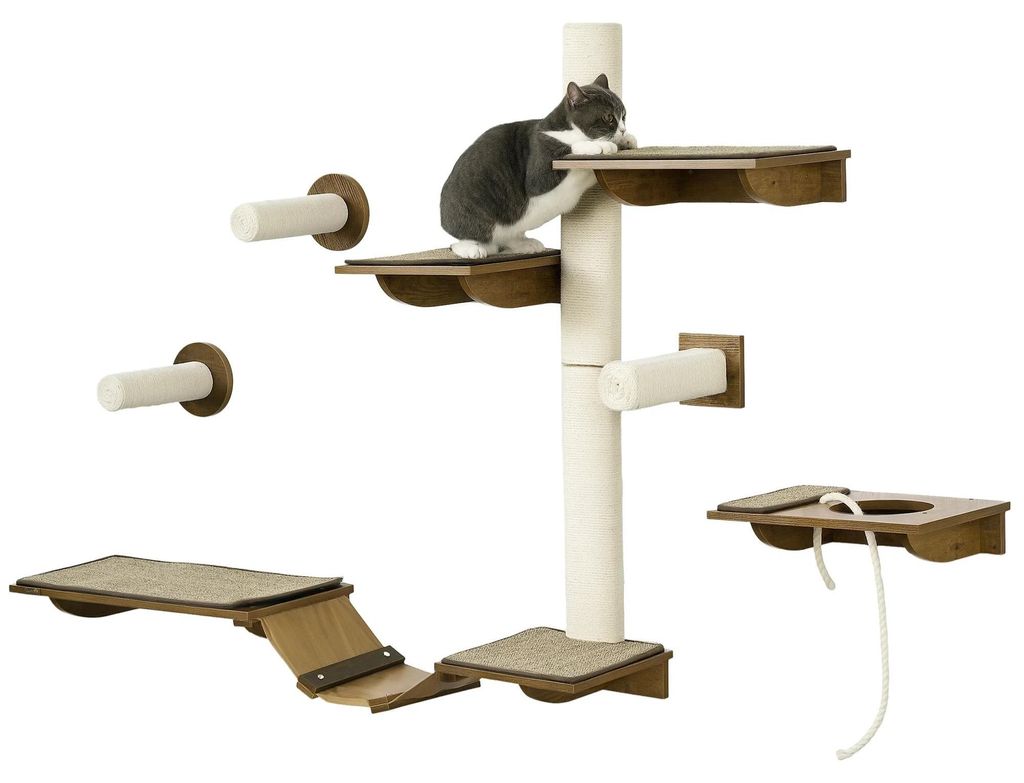 Kletterwand für Katzen - Wand-Kratzbaum Set - 8-teilig - Holz - Sisal Kratzstämme - 4 Ebenen