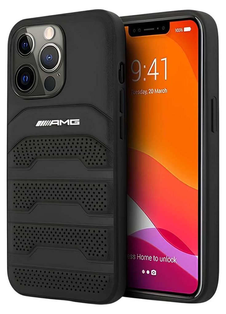 A black iPhone case with the AMG logo is shown next to an iPhone displaying the lock screen.