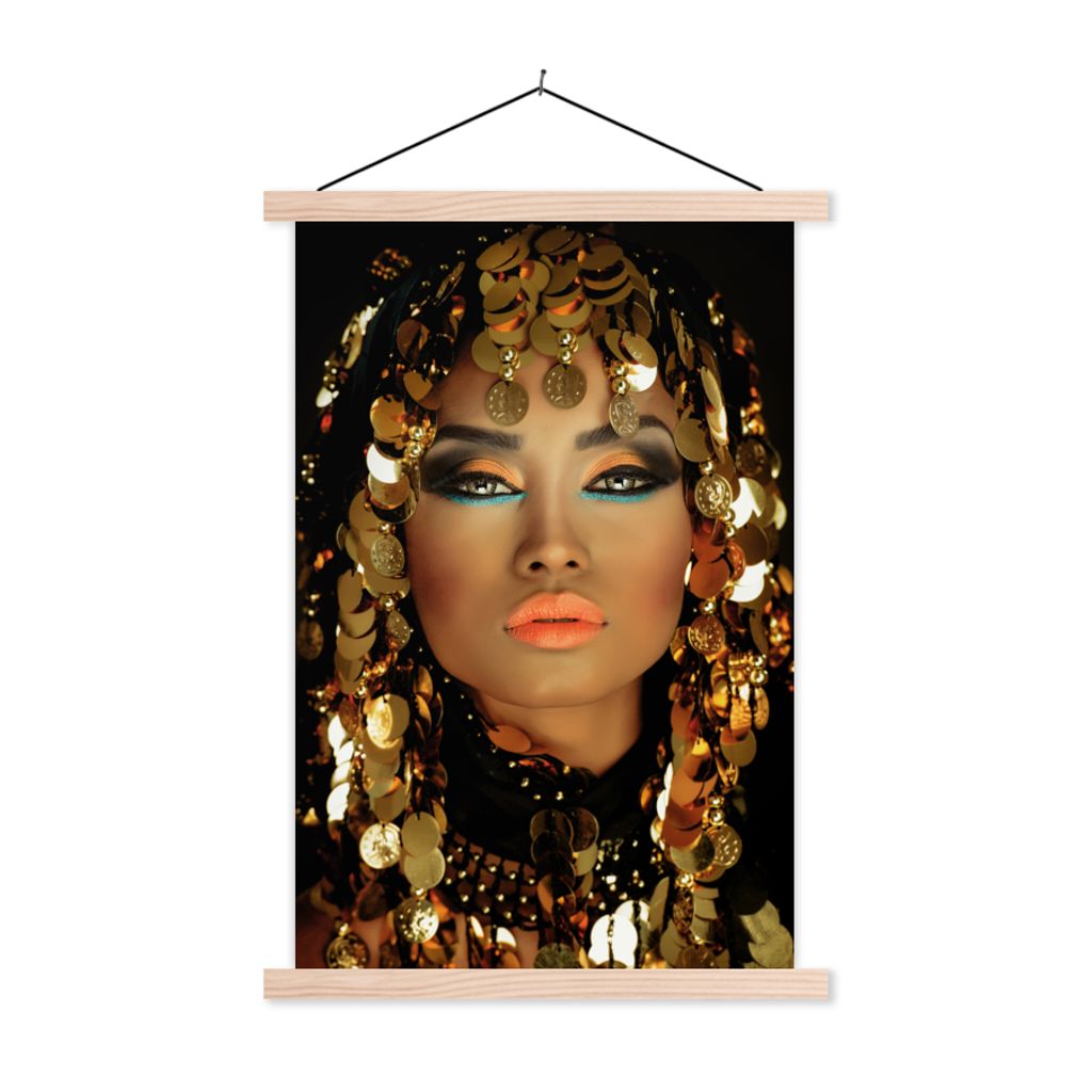 MuchoWow Textilposter Frau - Kleopatra - Gold - Schmuck - Make-up - Luxus 60x90 cm mit holzfarbenen Rahmen - Textil