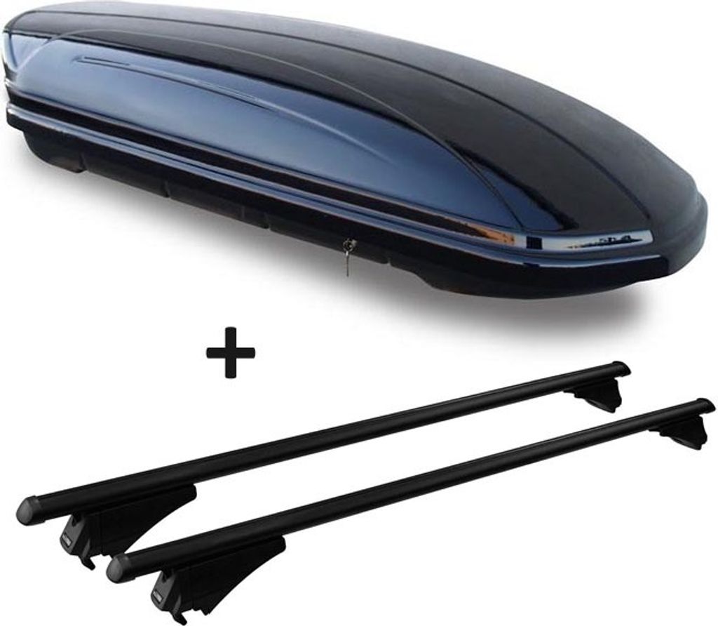 Dachbox schwarz glänzend VDP-MAA 460G Auto Dachkoffer 460 Liter abschließbar + Alu-Relingträger Dachgepäckträger aufliegende Reling im Set kom...
