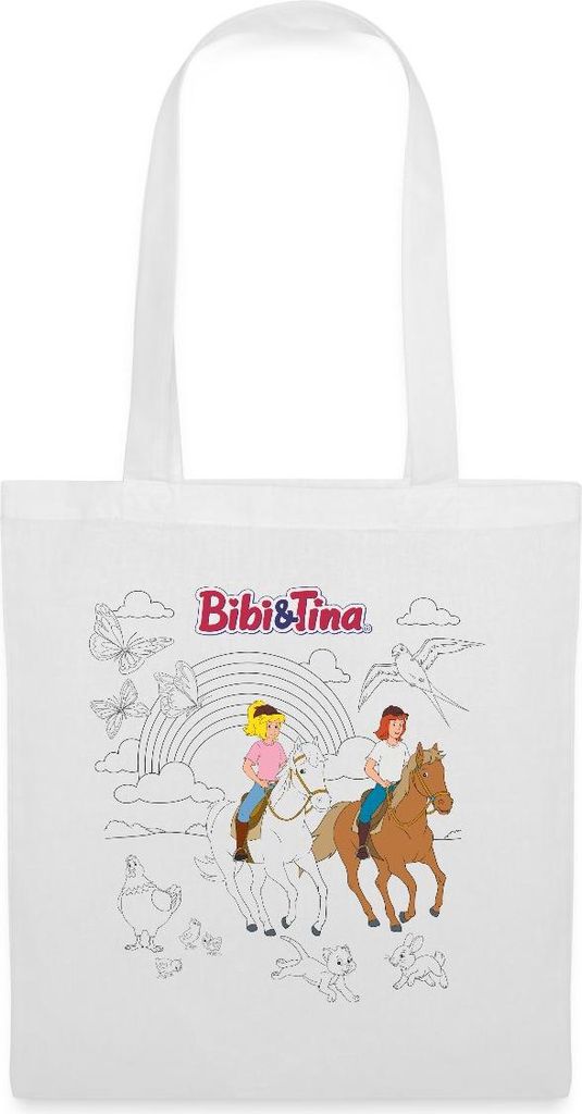 Spreadshirt Bibi & Tina Ausmalmotiv Mit Pferden Stoffbeutel, One size, Weiß