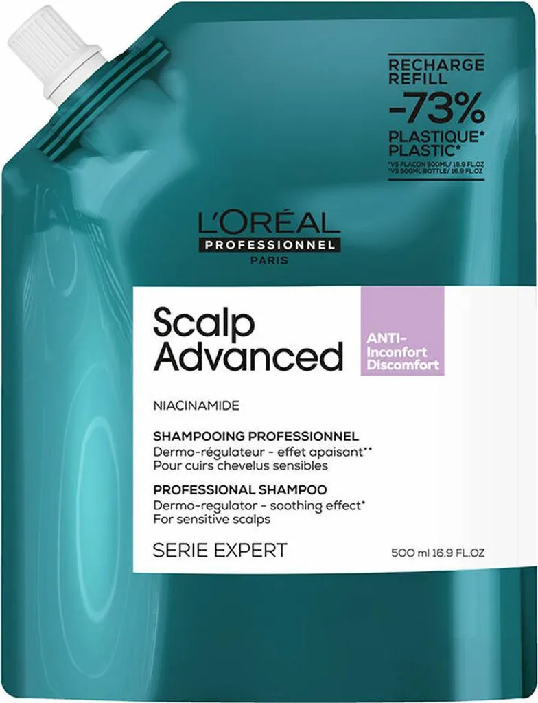 L'Oréal Professionnel Scalp Advanced Anti-Discomfort Shampoo per cuoio capelluto secco e pruriginoso Trattamento profondo del cuoio capelluto Serie Expert 500 ml di ricarica