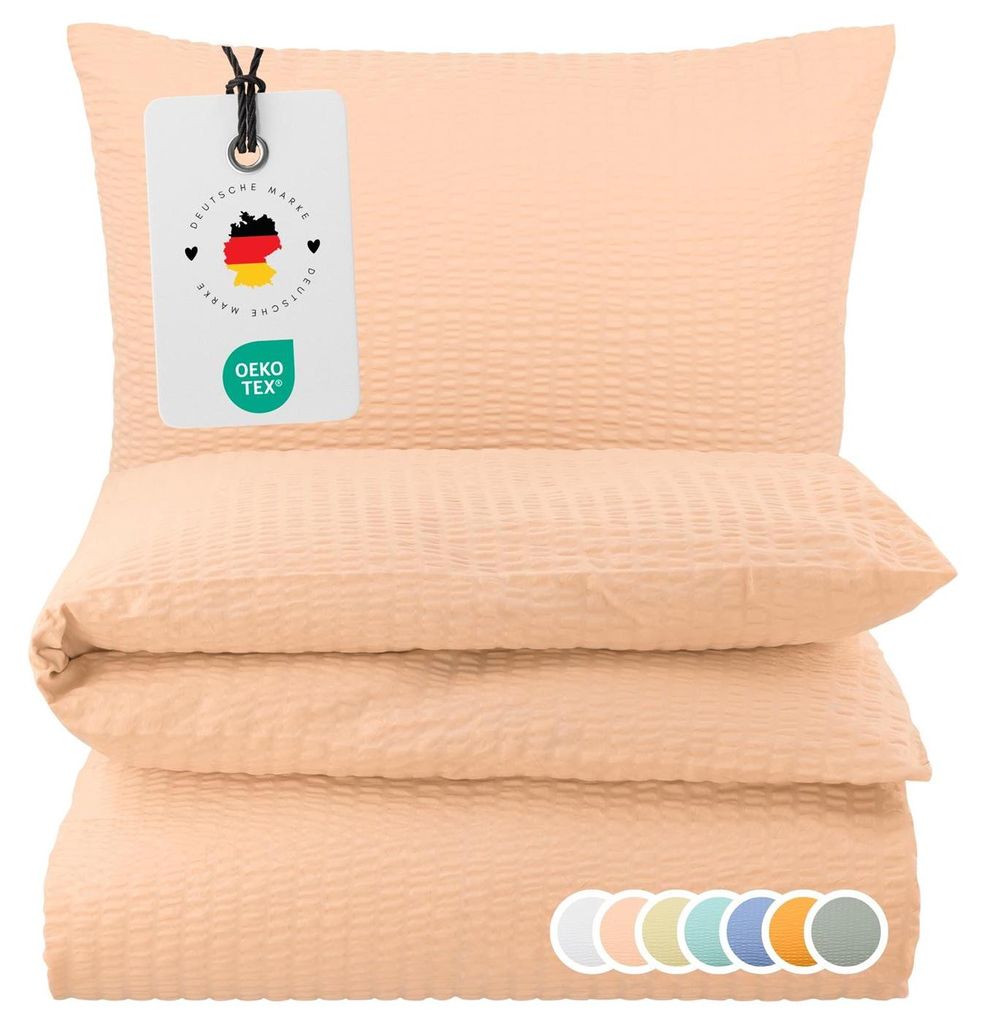 Seersucker Bettwäsche 135x200 Einfarbig Apricot Uni Bettwäsche Sommer Bettbezug 135 x 200 - Bügelfrei