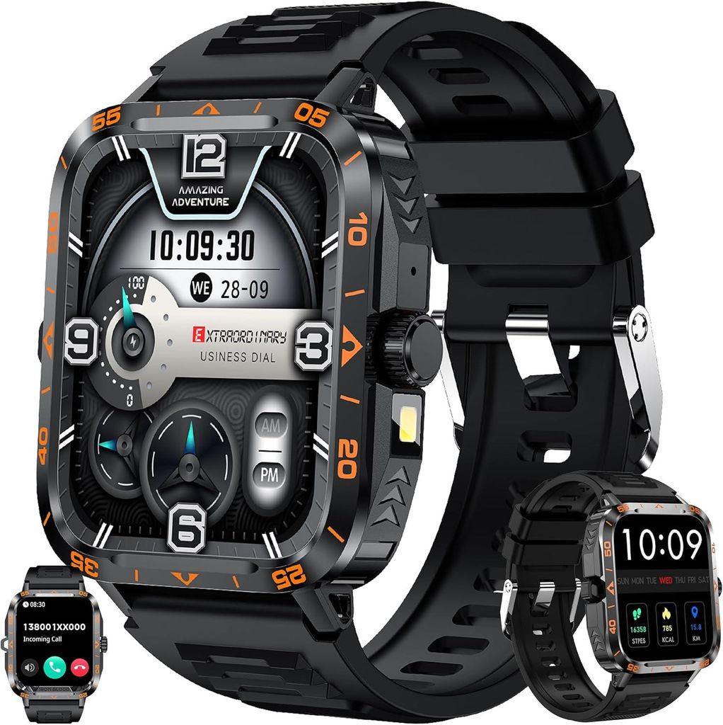 SGDDFIT 1.95 Zoll AMOLED Smartwatch Herren mit Telefonfunktion, Fitnessuhr mit Bluetooth Anrufen, 5ATM Wasserdicht, 100+ Sportmodi, Schlafmonitor