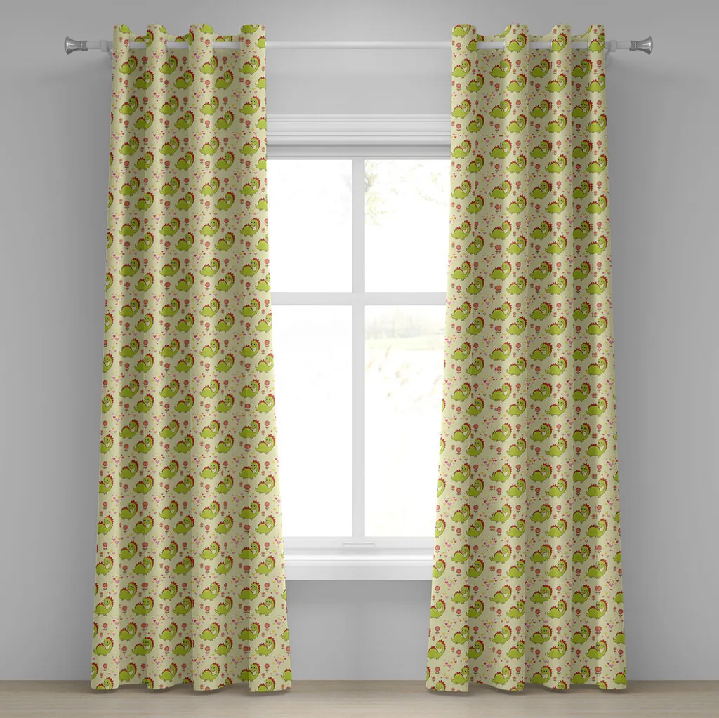 Rideau dinosaures et fleurs en tissu de qualité 280x175cm jaune et vert