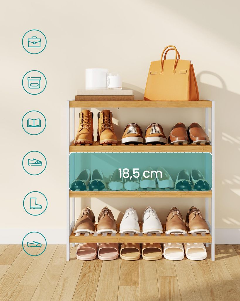 SONGMICS Schuhregal aus Bambus, Schuhablage mit 4 Ebenen,