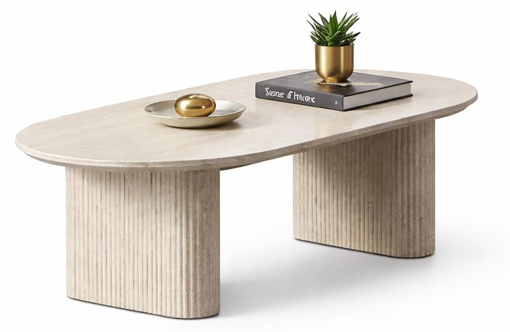 HOOZ Couchtisch oval – inkl. Keramikplatte Traventin-Optik – Säulenfuß Design Halbrund – Sofatisch 130x70 cm – pflegeleicht & stabil