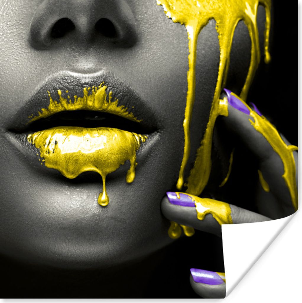 MuchoWow Poster Lippen - Gelb - Schwarz 75x75 cm - Wand Dekoration