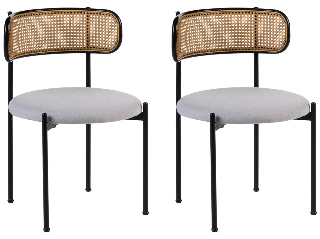 BELIANI Esszimmerstuhl 2er Set Hellgrau Leinen-Stoffbezug u. Wiener-Geflecht mit Schwarzem Metallgestell Offene Rückenlehne Retro-Design Stuhl-Set