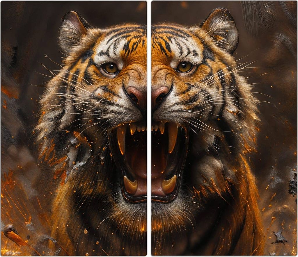 Spritzschutz Herdabdeckplatte Schneidebrett aus Glas Tiger im Feuer 2-Teilig (60x52cm)