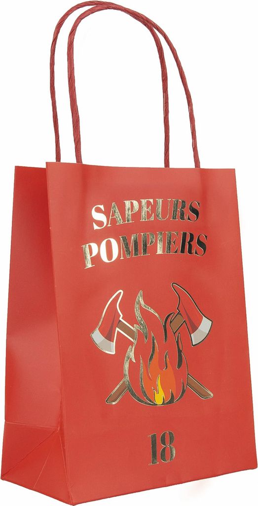 A red gift bag with gold foil lettering and graphics related to firefighters.