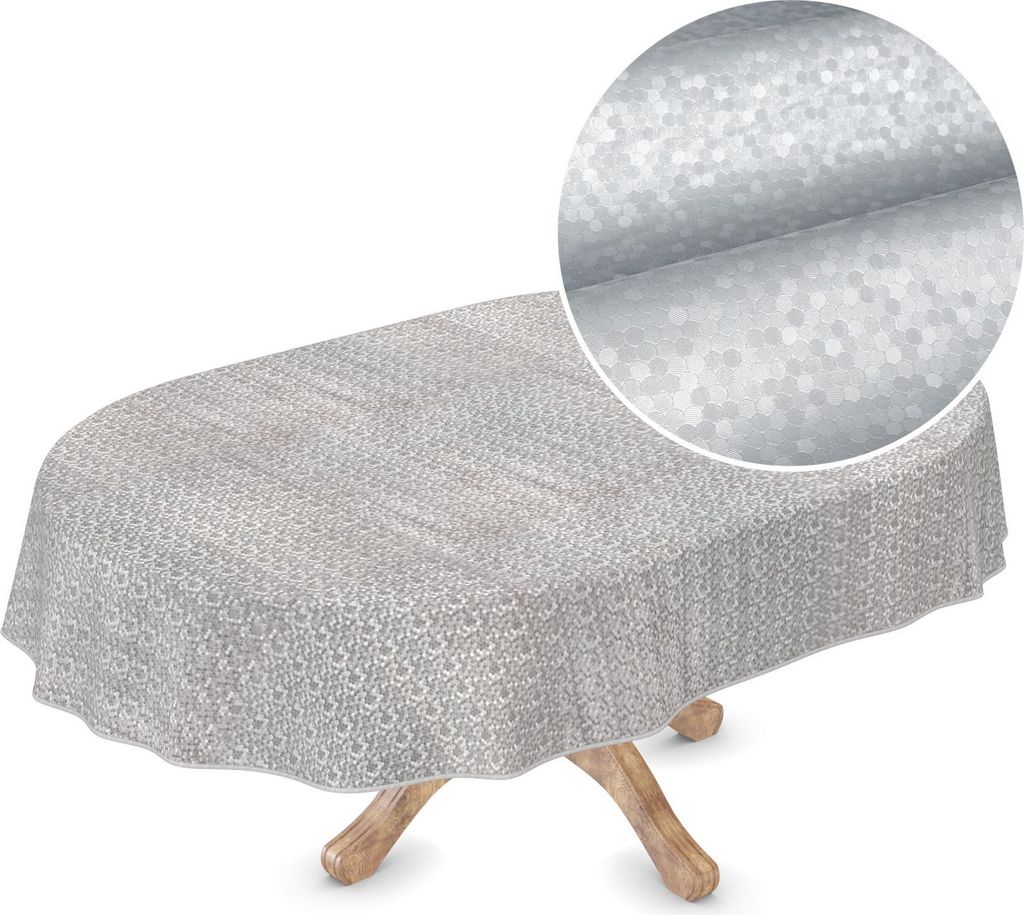 Tischdecke Wachstuch Premium Gepunktet Grau Robust Wasserabweisend Oval Breite 155 cm Länge 300 cm