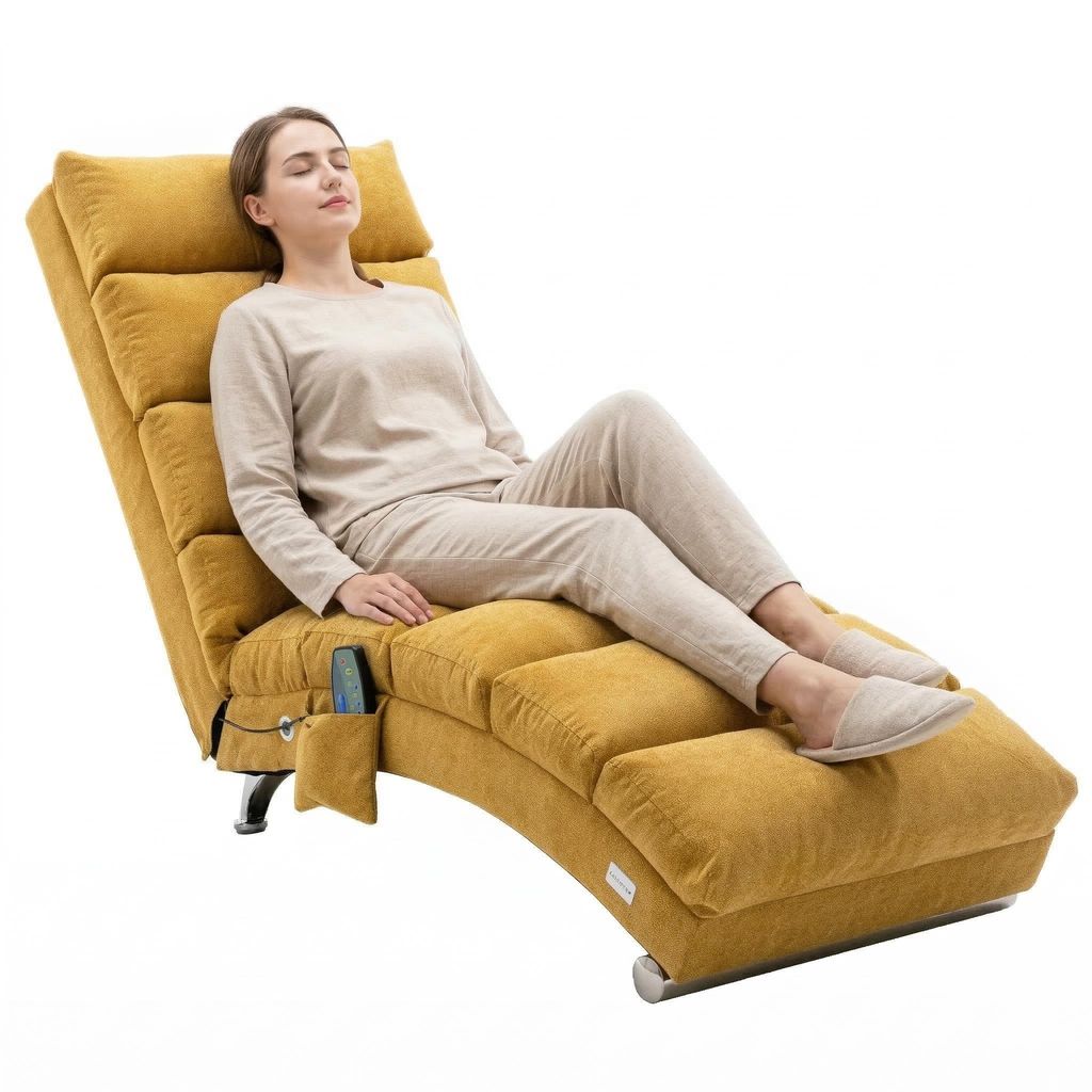 LVHOM 5-in-1 Funktion Polsterliege Chaiselongue Relaxliege, Liegesessel mit Schlafen- und Vibrationfunktion, Bodenstuhl aus Leinenbezug, Gelb