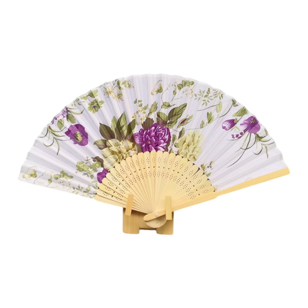 Klappbare Fan doppelseitig Blumenmuster Bambus Hollow Ribs Laufstege Tanzprops Frauen Sommerhand -Fan -Party -Lieferungen-Lila und Weiß