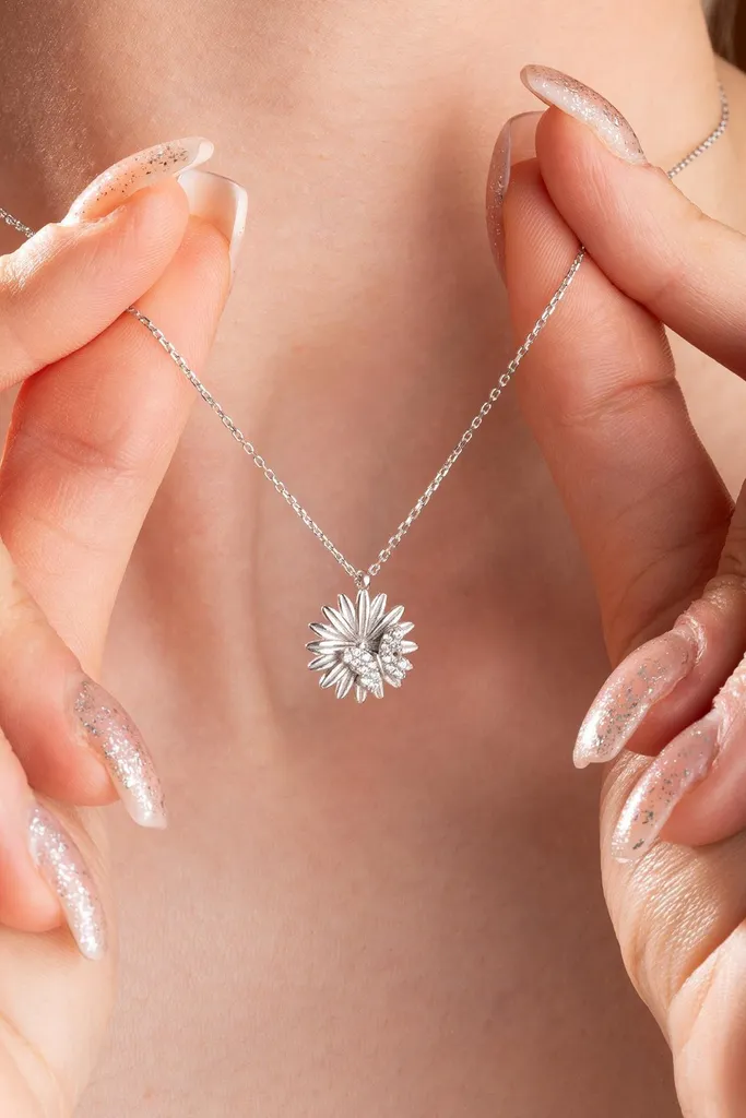 Collier argent 925 fleur ciselée et papillon - Bijou haute finition - 5