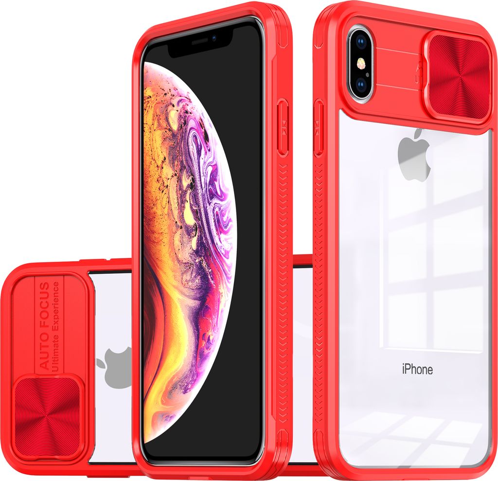 Hülle für iPhone XS Max Transparent TPU Bumper Schutzhülle mit Schiebe Kamera Schutz Rot