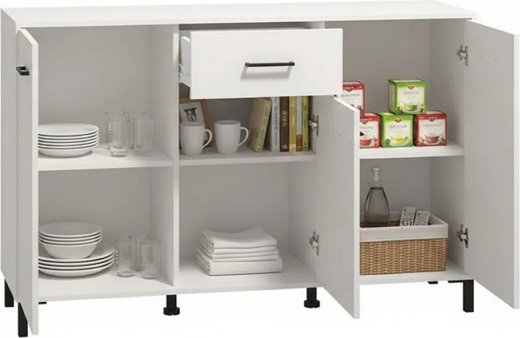 Buffet Rangement Cuisine et Salon Blanc 138cm idéal pour Vaisselle et Déco