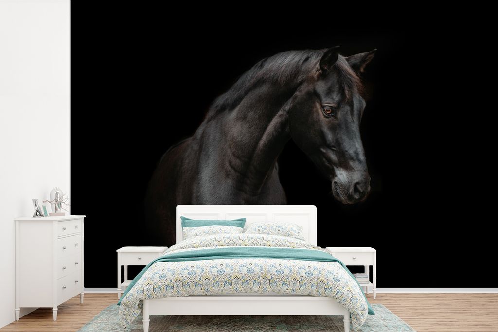 MuchoWow Fototapete für Wohnzimmer oder Schlafzimmer Wandtapete Vinyl Motivtapete Pferd - Tiere - Schwarz - Porträt - 420x280 cm - Zimmer für ...