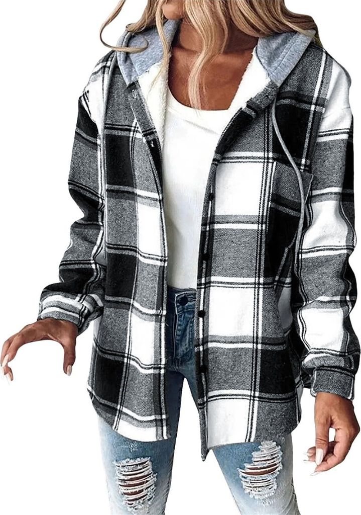 Karierte Hemdjacke Damen Hemdjacke Schwarz ASKSA Damen Winterjacke